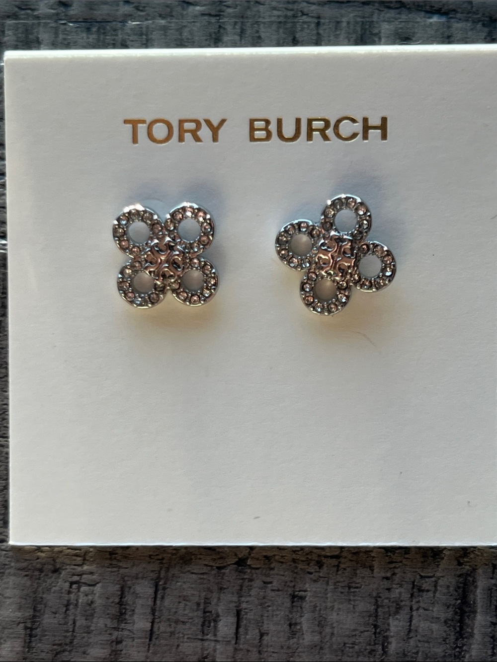 Tory Burch Silver Crystal Clover Stud Earrings